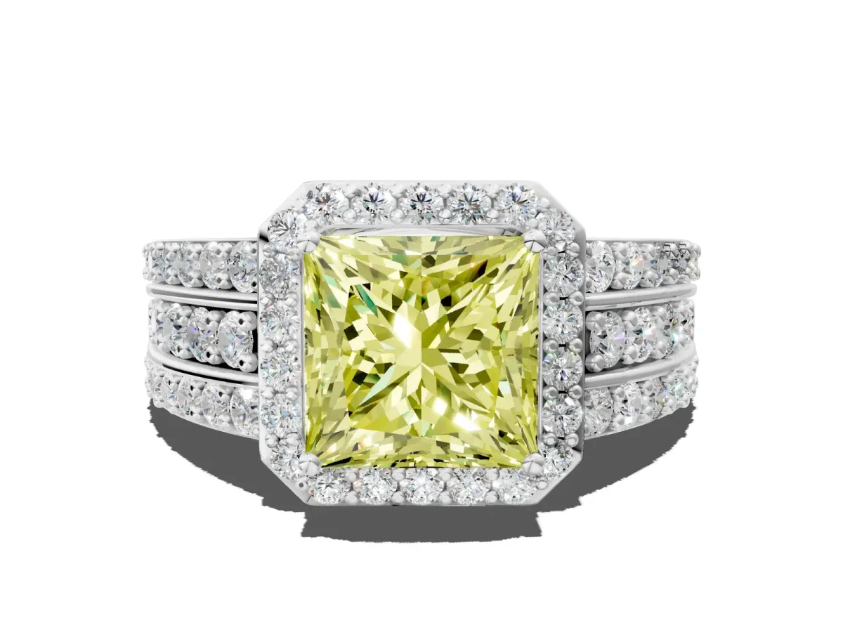 Fancy Yellow Princess Cut Halo Diamond Ring with Round Split Shank and Prong Setting Silver