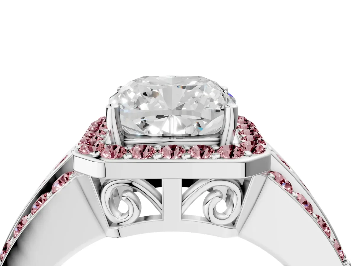 Cushion Cut Halo Diamond Ring with Round Morganite Split Shank and Prong Setting Platinum