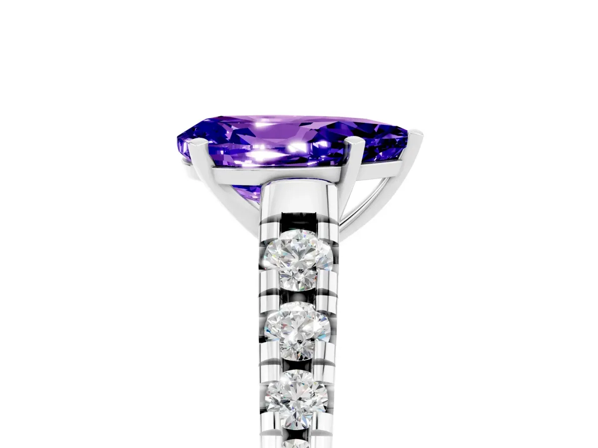 Pear Cut Tanzanite Cathedral Solitaire Ring with Round Pavé Band Silver