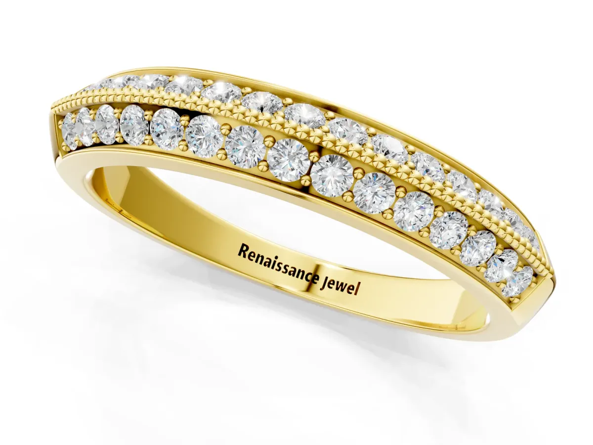Double Row Pavé Round Diamond White Gold Band with Shared Prong Setting Yellow gold