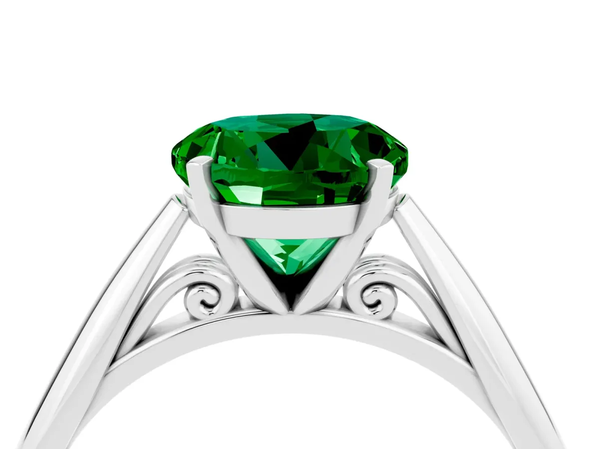 Round Cut Emerald Solitaire Engagement Ring with Cathedral Setting and Four-Prong Mount White gold
