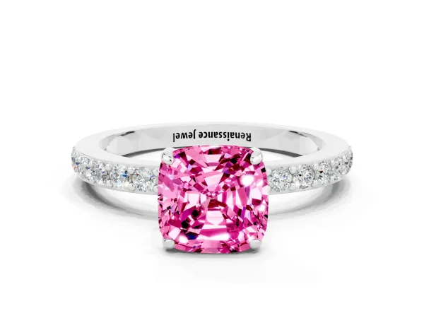 Cushion Cut Pink Sapphire Solitaire Engagement Ring with Pavé Band and Four-Prong Setting Platinum