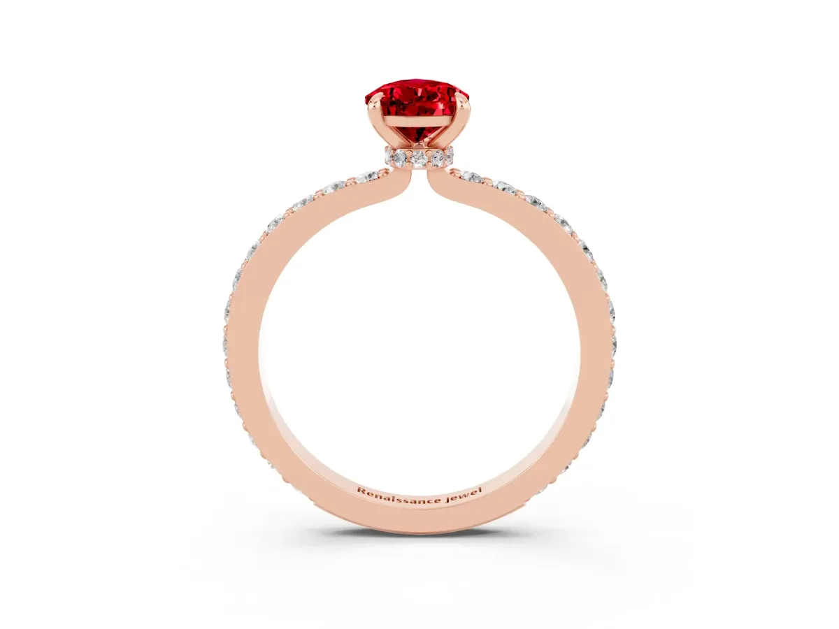 Pear Cut Ruby Solitaire Engagement Ring with Pavé Band and Four-Prong Setting Rose gold