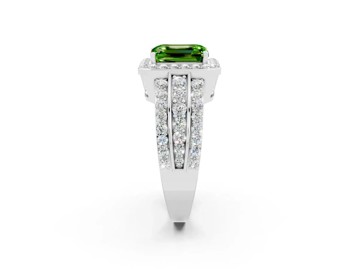 Emerald Cut Halo Peridot Ring with Round Split Shank and Prong Setting Silver