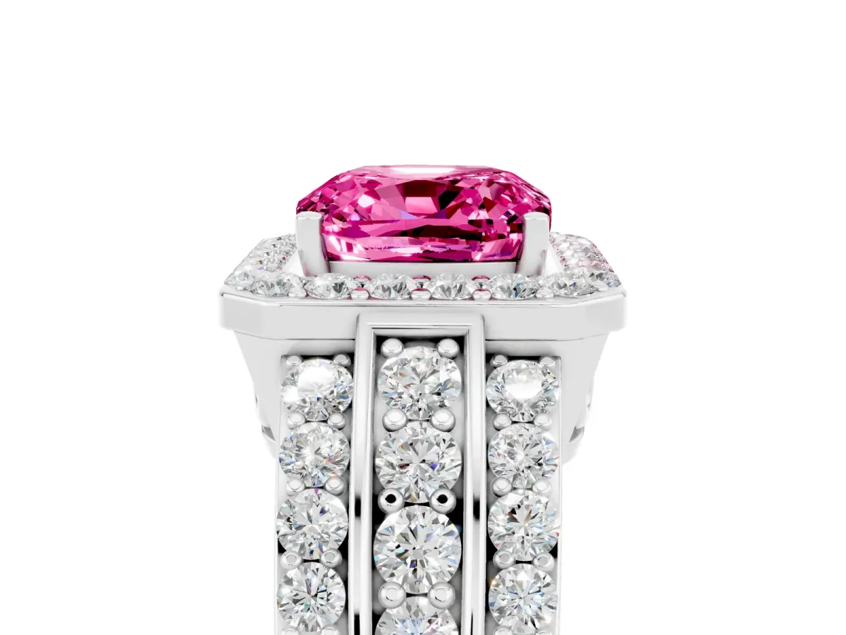 Cushion Cut Halo Pink Sapphire Ring with Round Split Shank and Prong Setting Silver