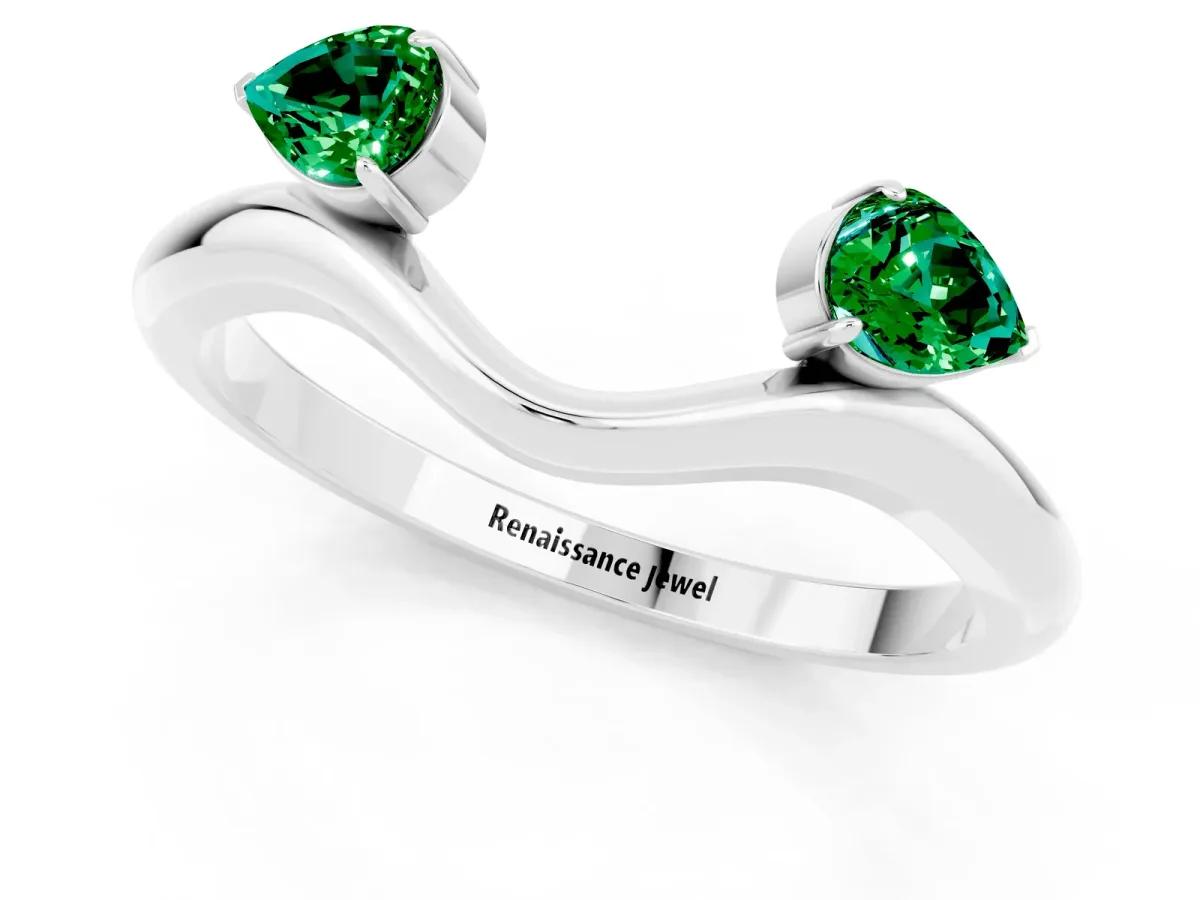 Pear Cut Emerald Two-Stone Open Band Ring with Prong Setting White gold