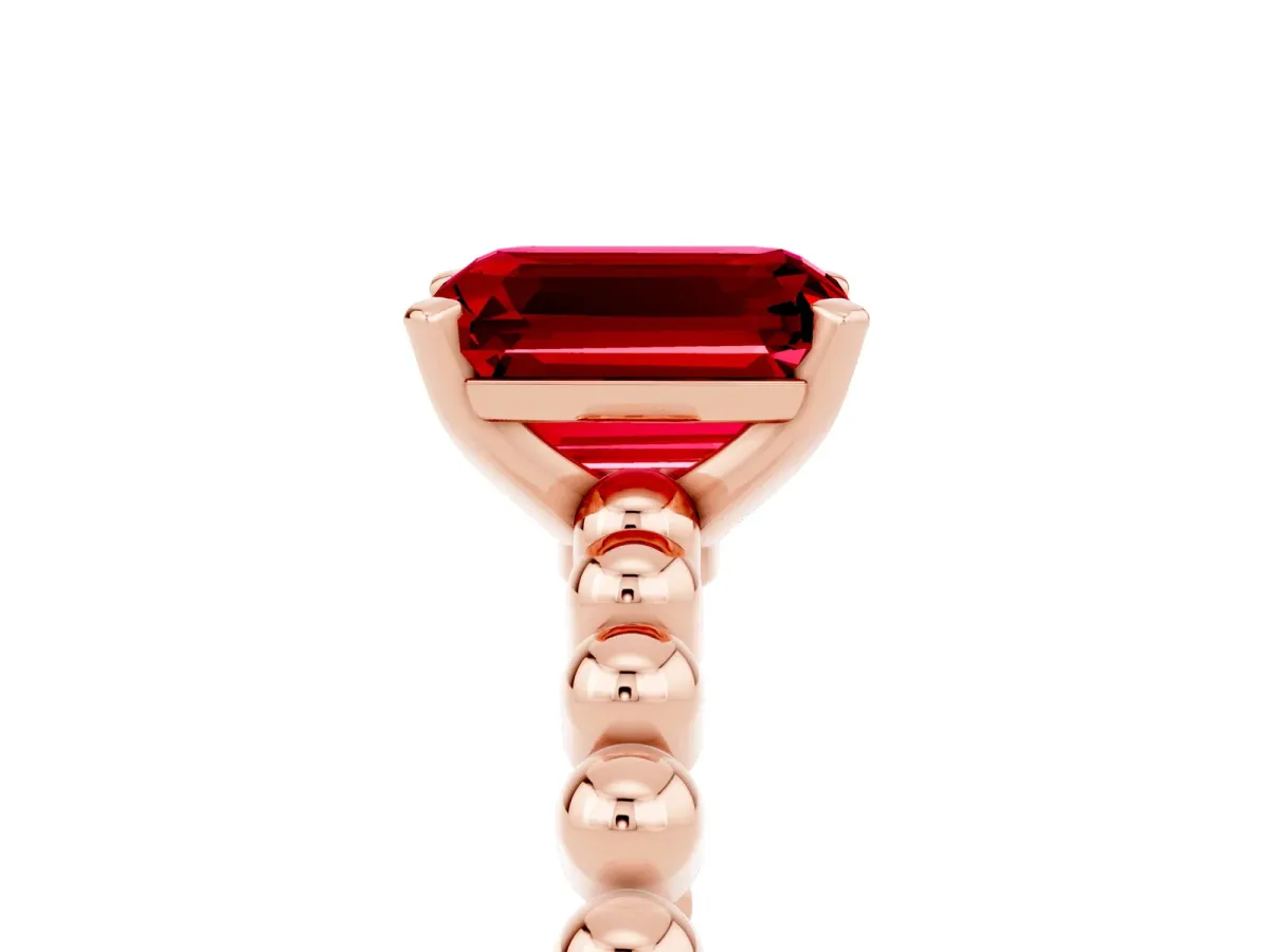Emerald Cut Ruby Solitaire Ring with Beaded Band and Prong Setting Rose gold