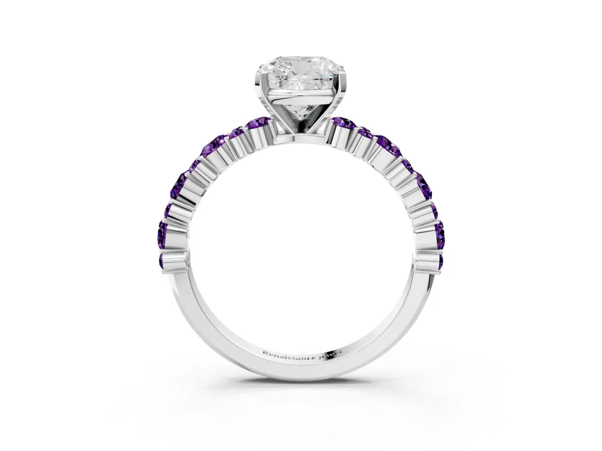 Cushion Cut Diamond Side Stone Solitaire Ring with Round Amethyst and Four-Prong Setting White gold
