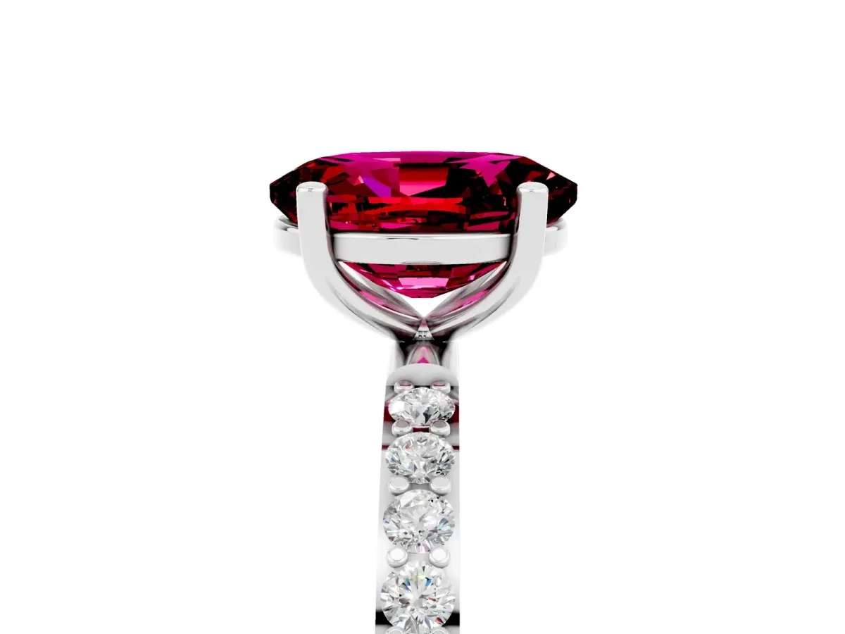 Oval Cut Garnet Solitaire Ring with Round Pavé Band and Prong Setting Platinum