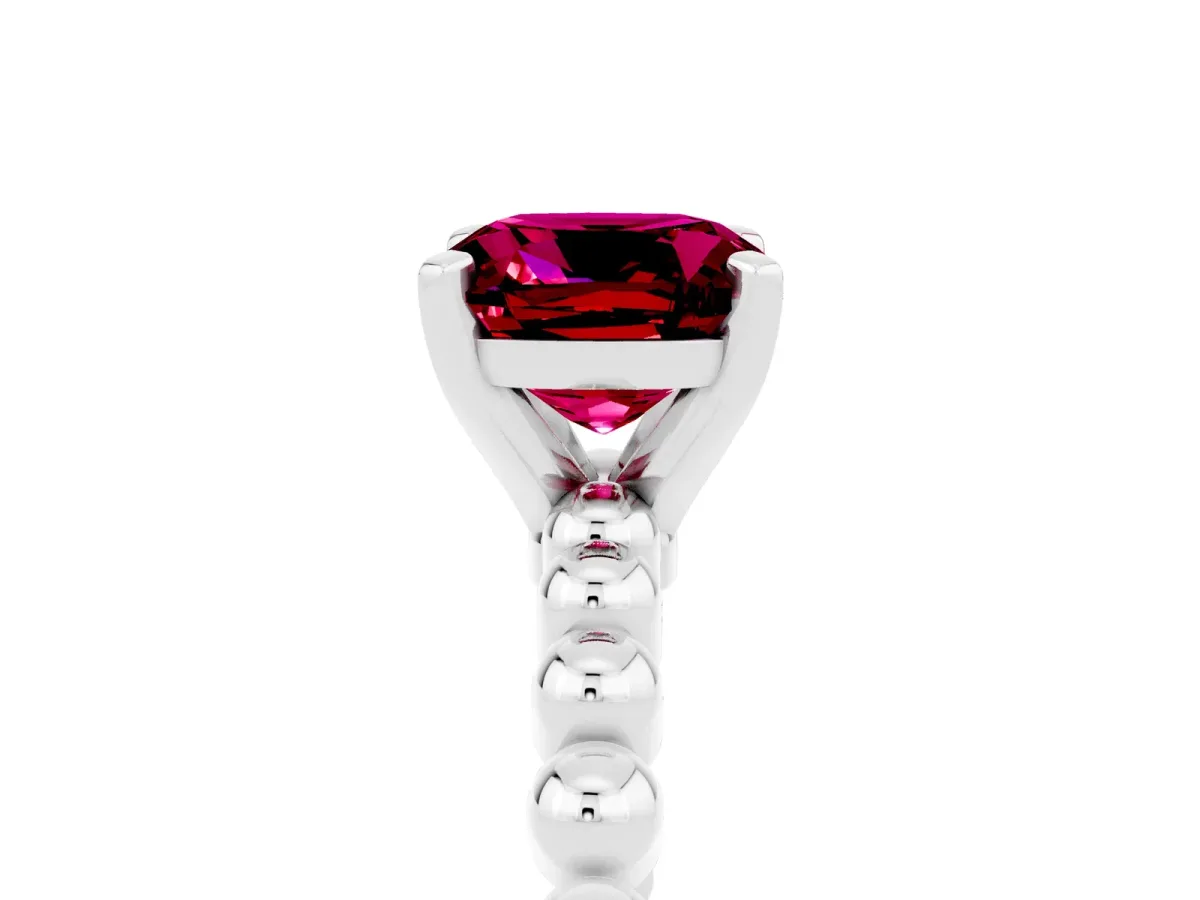 Cushion Cut Garnet Solitaire Ring with Beaded Band and Prong Setting Platinum