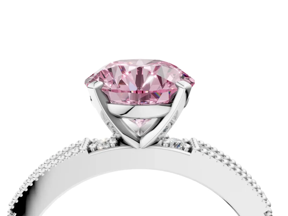 Fancy Pink Round Cut Solitaire with Pavé Band and Four-Prong Setting Silver