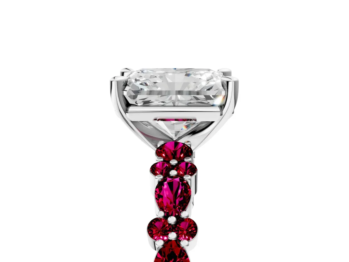 Radiant Cut Diamond Side Stone Solitaire Ring with Round Garnet and Four-Prong Setting Platinum