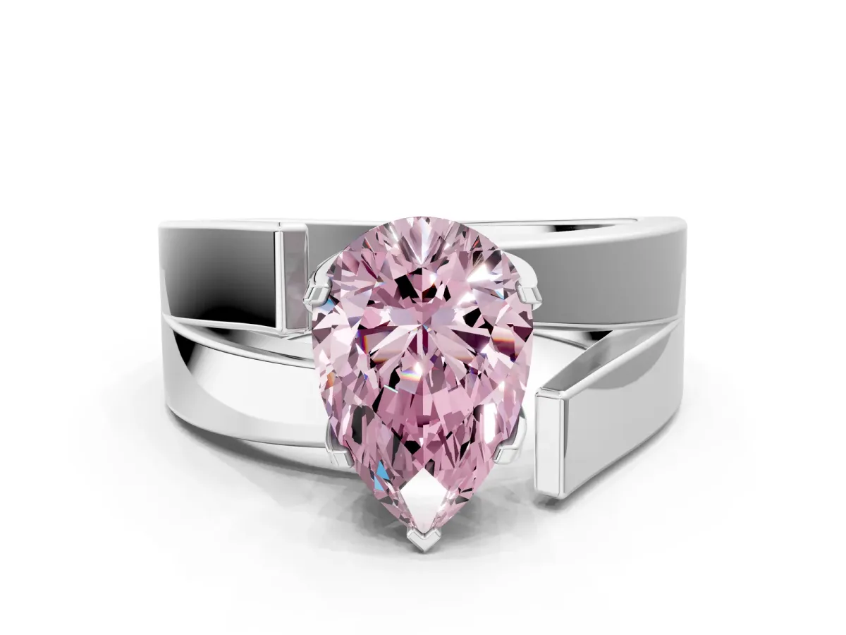 Fancy Pink Modern Tension Set Pear Cut Diamond Solitaire Wide Band Ring Silver