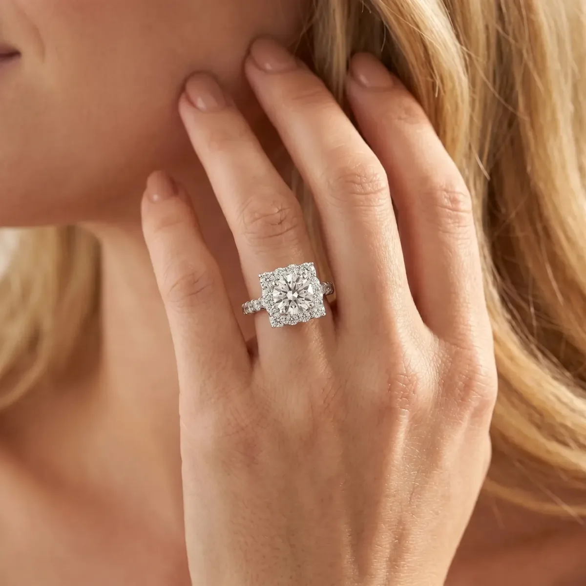 Halo Round Cut Diamond Pave Band Prong Setting Ring Platinum