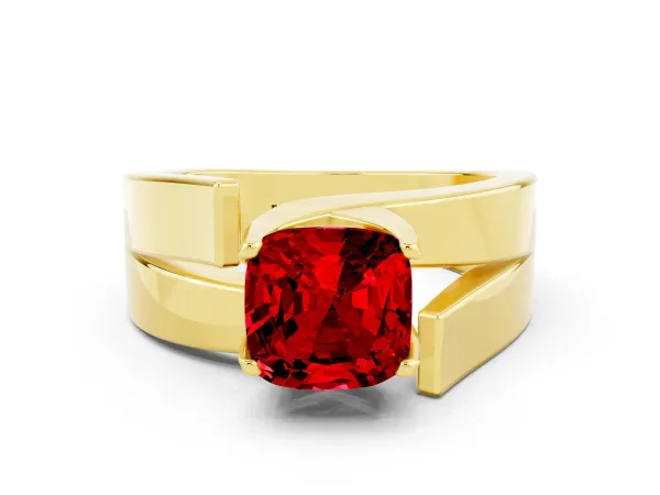 Modern Tension Set Cushion Cut Ruby Solitaire Wide Band Ring Yellow gold