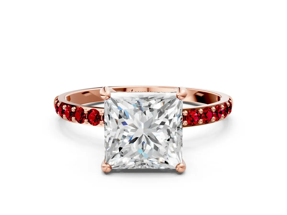 Princess Cut Diamond Solitaire Ring with Round Ruby Pavé Band and Prong Setting Rose gold