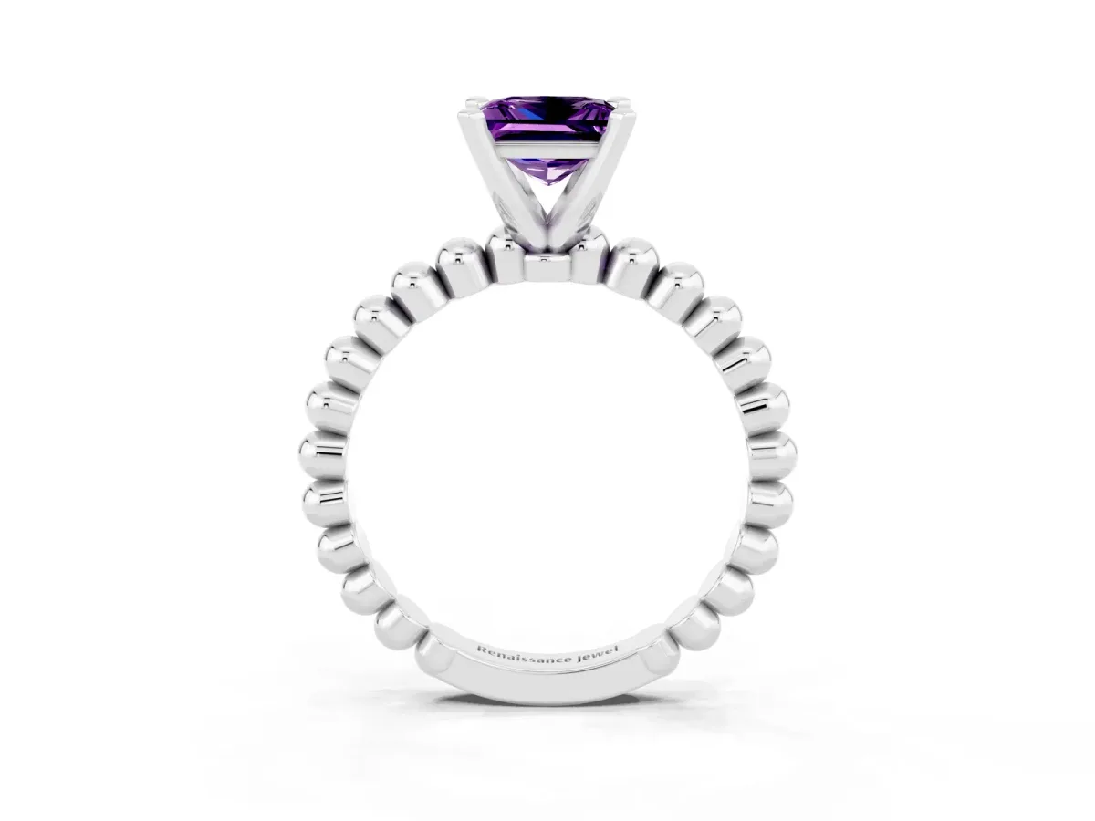 Princess Cut Amethyst Solitaire Ring with Beaded Band and Prong Setting Platinum