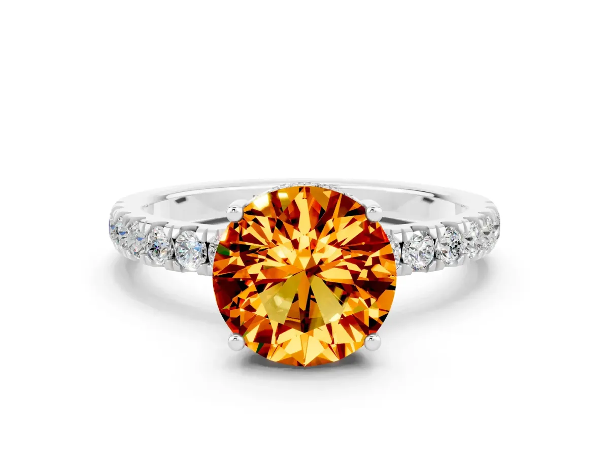 Round Cut Citrine Pave Band Solitaire Ring with Round and Prong Setting Silver