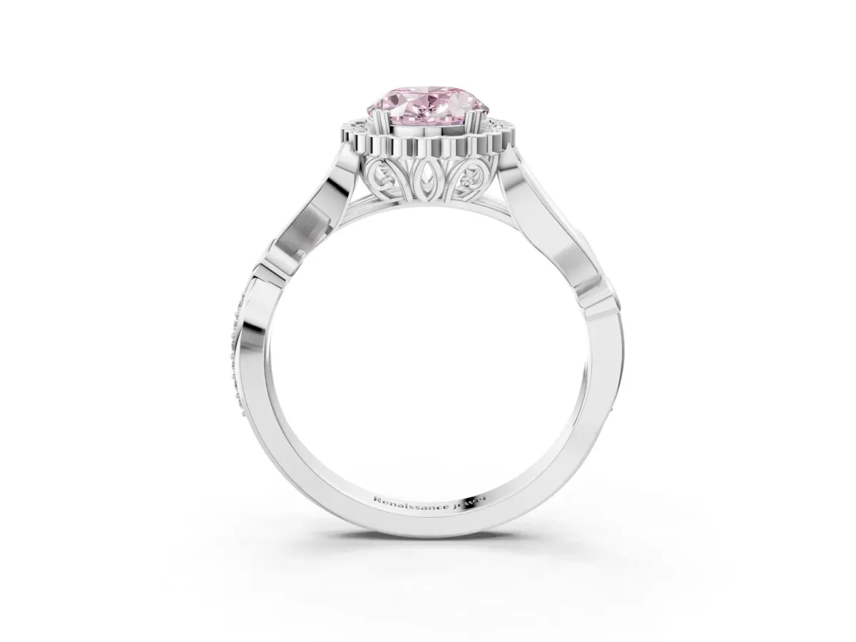 Fancy Pink Oval Cut Diamond Halo Ring with Vintage Split Shank and Four-Prong Setting Silver