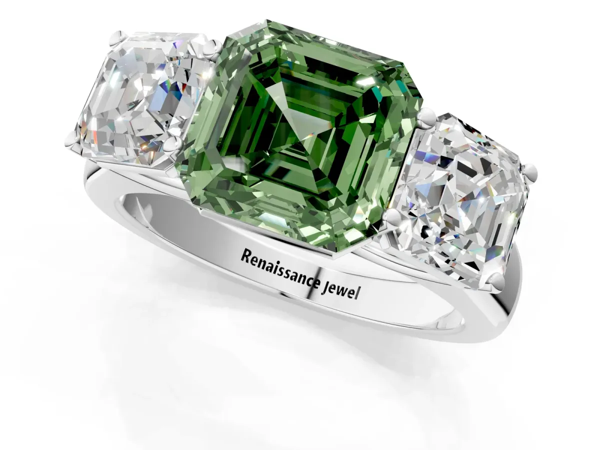Fancy Green Asscher Cut Three-Stone Diamond Ring with Prong Setting on a Classic Band Platinum