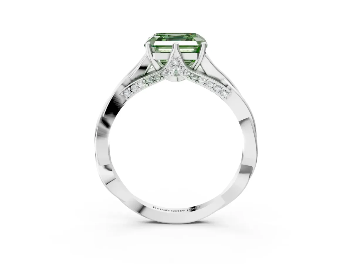 Fancy Green Asscher Cut Solitaire Twist Band Six-Prong Setting Platinum