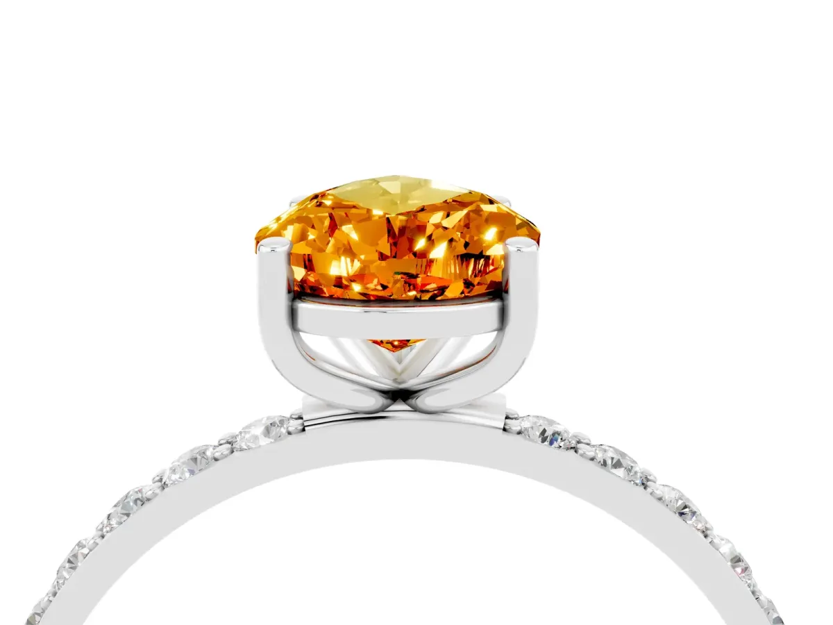 Pear Cut Citrine Solitaire Ring with Round Pavé Band and Prong Setting Silver