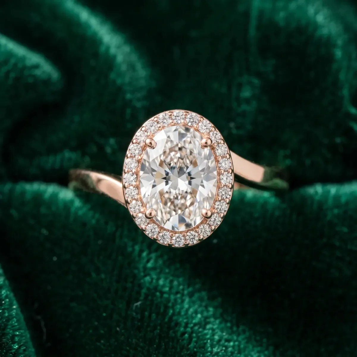 Oval Cut Diamond Bezel Halo Ring with Plain Band Rose gold