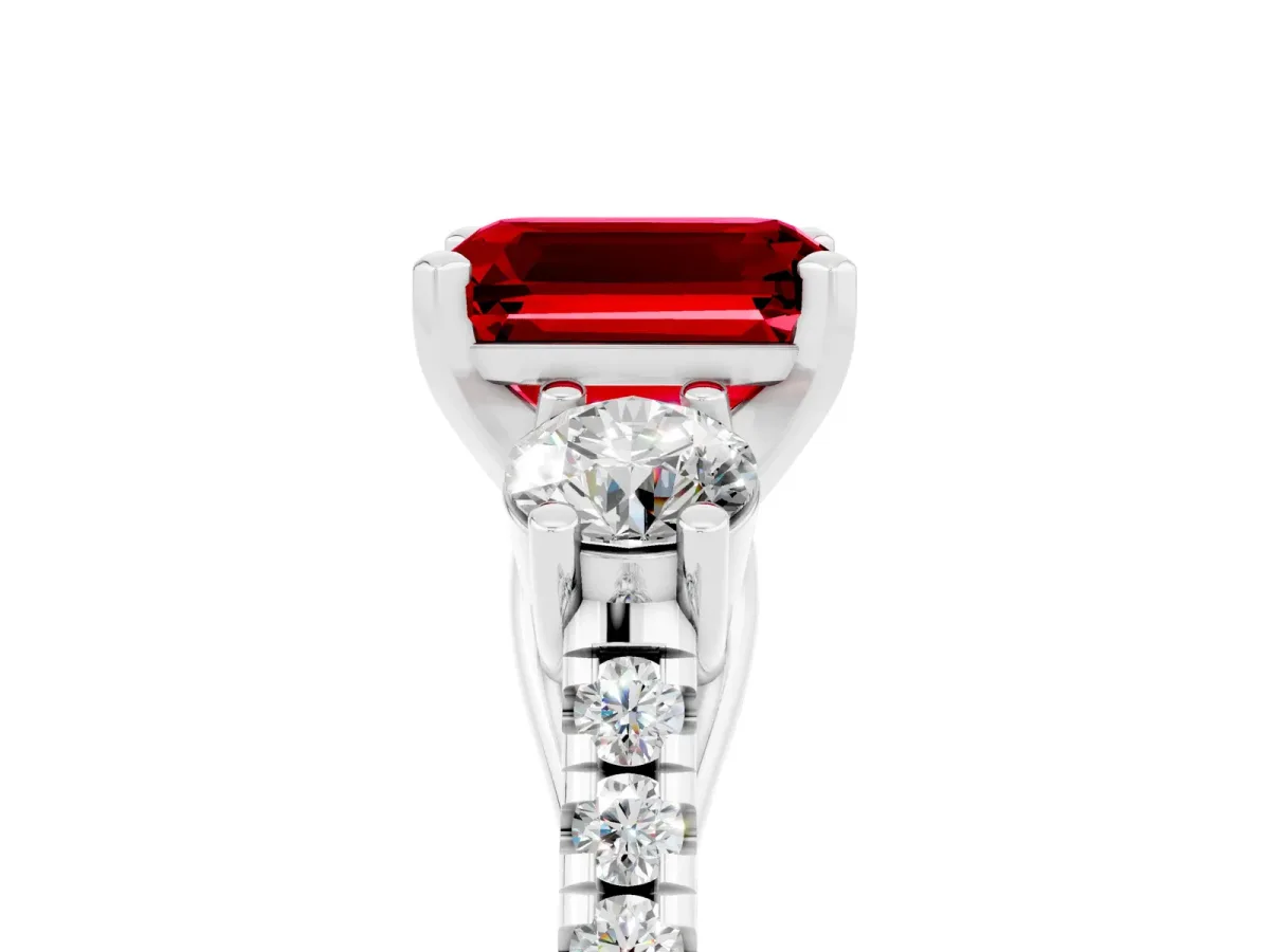 Three-Stone Emerald Cut Ruby Pavé Band with Four-Prong Setting Silver