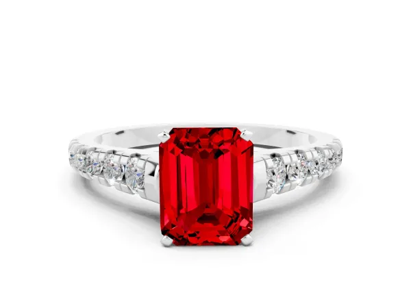 Emerald Cut Ruby Cathedral Solitaire Ring with Round Pavé Band White gold
