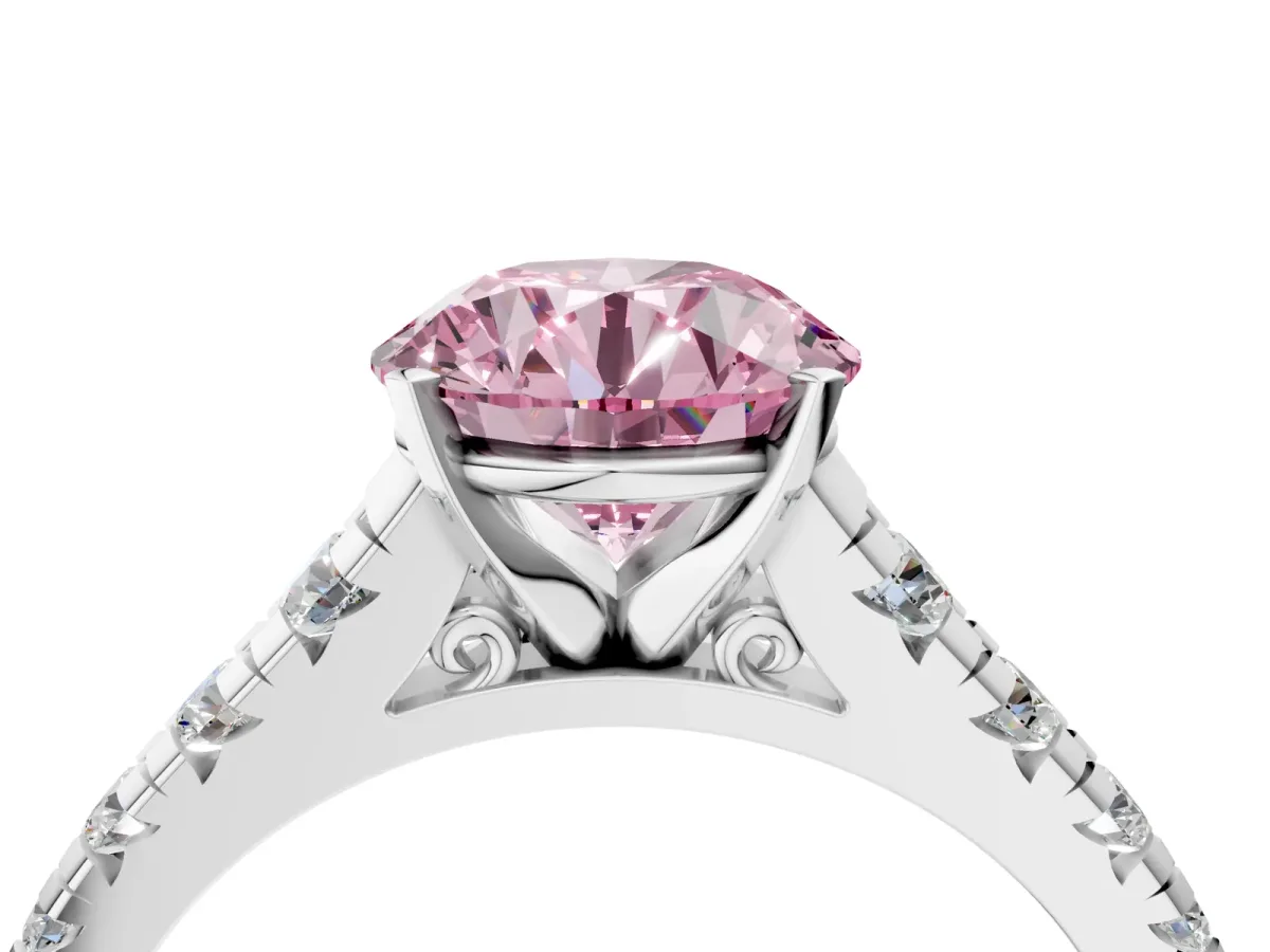 Fancy Pink Round Cut Diamond Cathedral Solitaire Ring with Round Pavé Band Silver