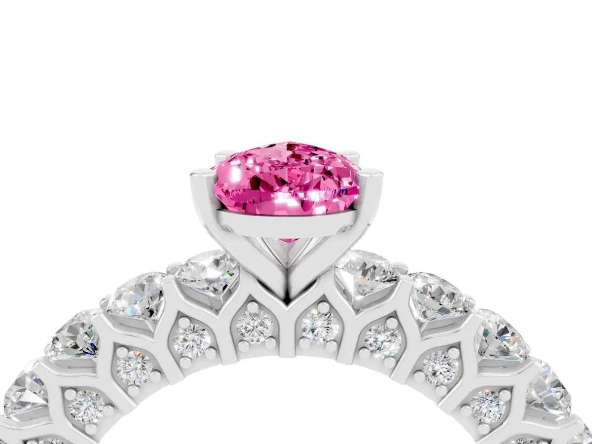 Pear Cut Pink Sapphire Solitaire Ring with Shared Prong Pavé Band and Four-Prong Setting Silver