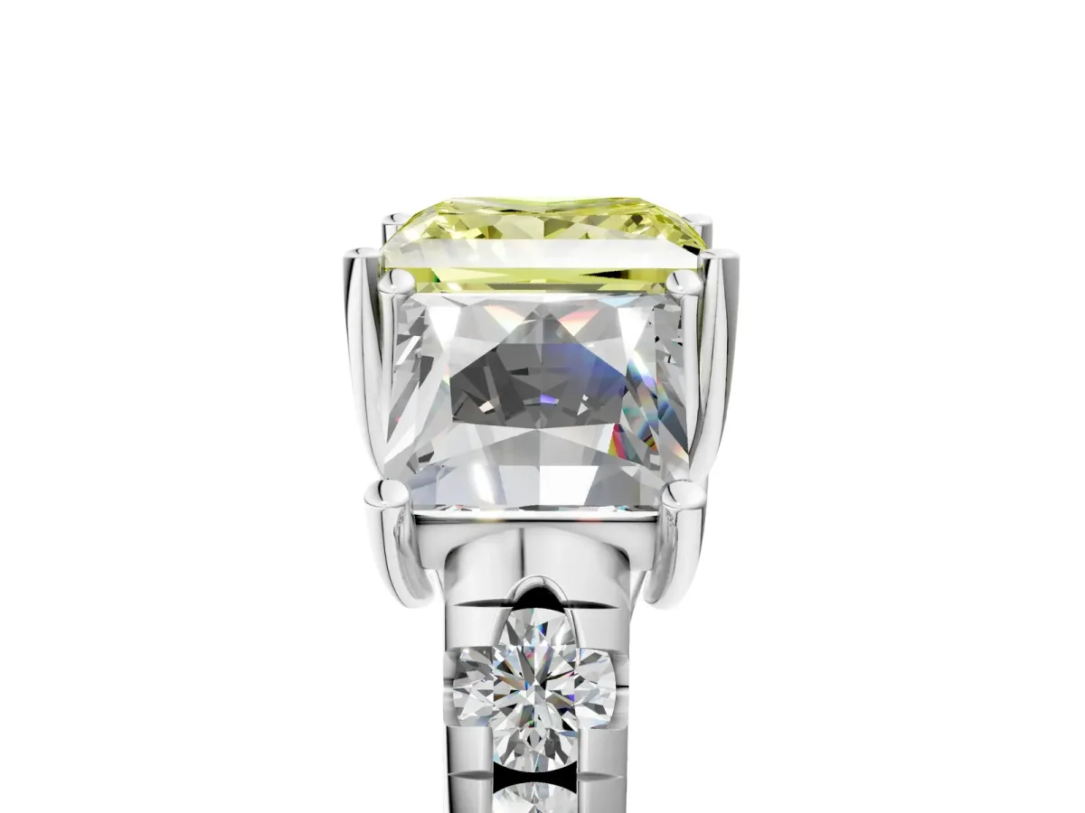 Fancy Yellow Three-Stone Princess Cut Diamond Pavé Band with Prong Setting Platinum