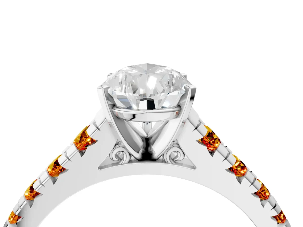 Pear Cut Diamond Cathedral Solitaire Ring with Round Citrine Pavé Band Platinum