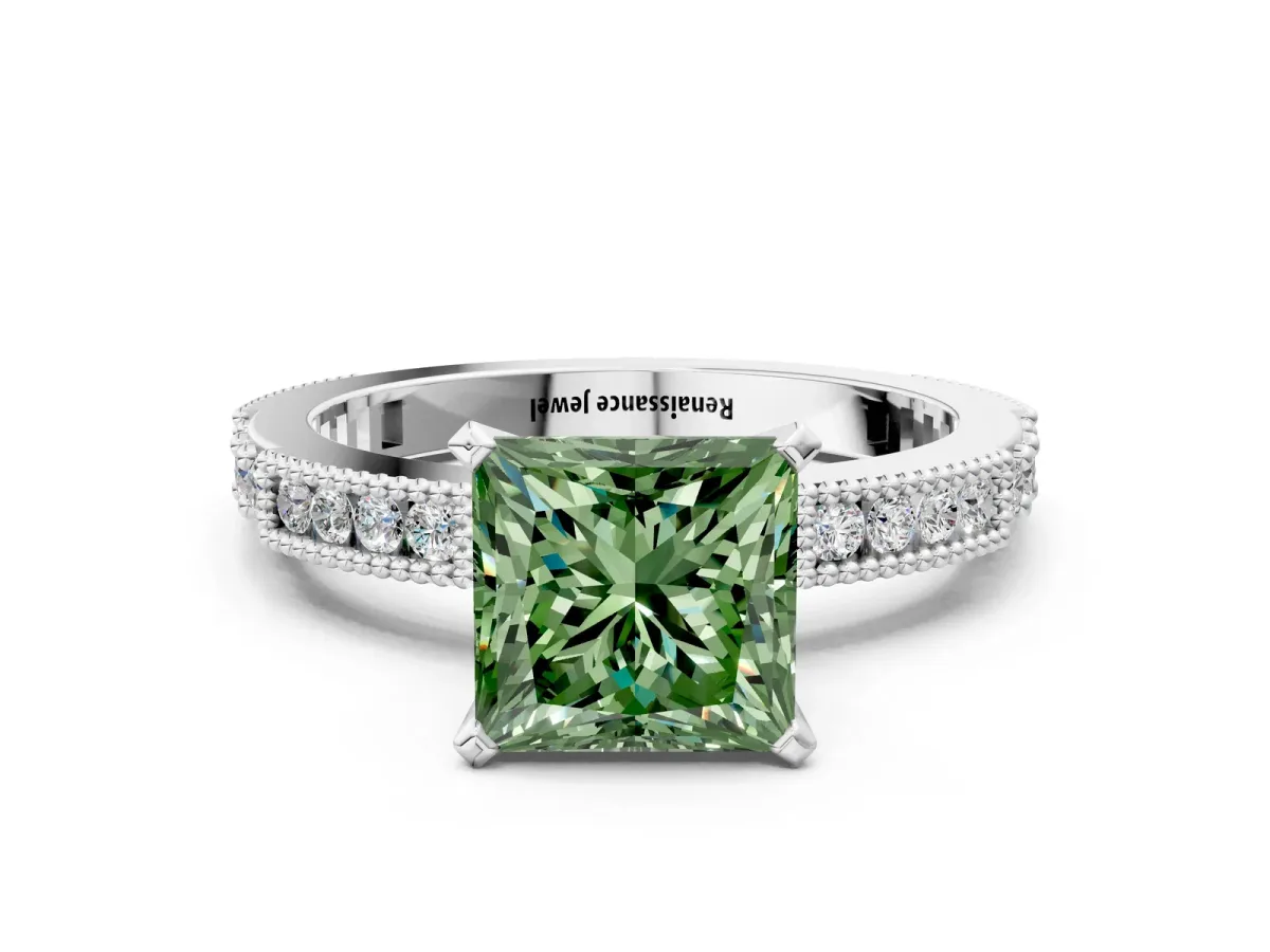 Fancy Green Princess Cut Solitaire with Pavé Band and Four-Prong Setting Silver