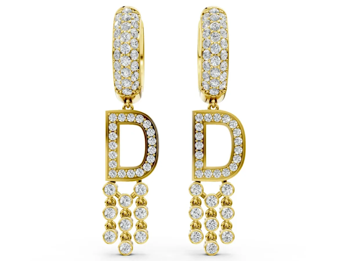 Round Diamond Initial D Huggie Hoop Earrings Yellow gold