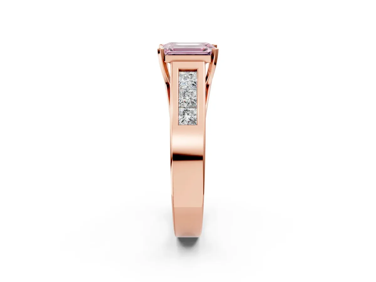 Fancy Pink Emerald Cut Cut Channel Set Solitaire Ring with Four-Prong Setting Rose gold