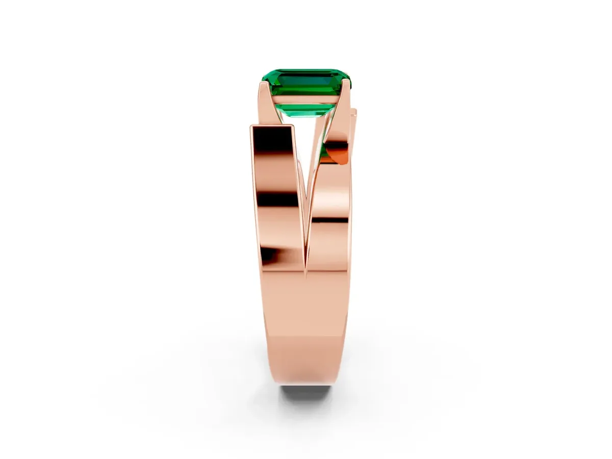 Modern Tension Set Emerald Cut Emerald Solitaire Wide Band Ring Rose gold