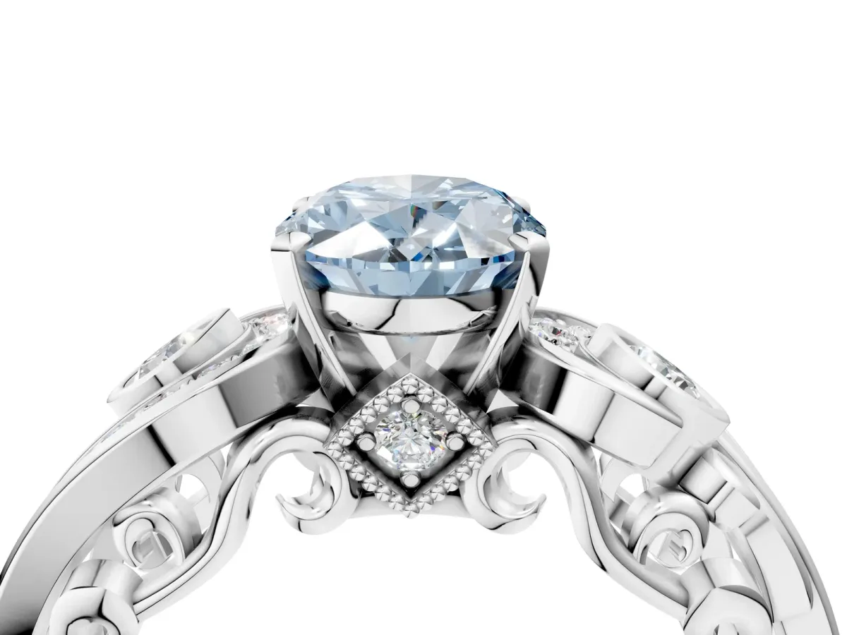 Fancy Blue Oval Cut Diamond Solitaire Ring with Milgrain Pavé Band and Four-Prong Setting Silver