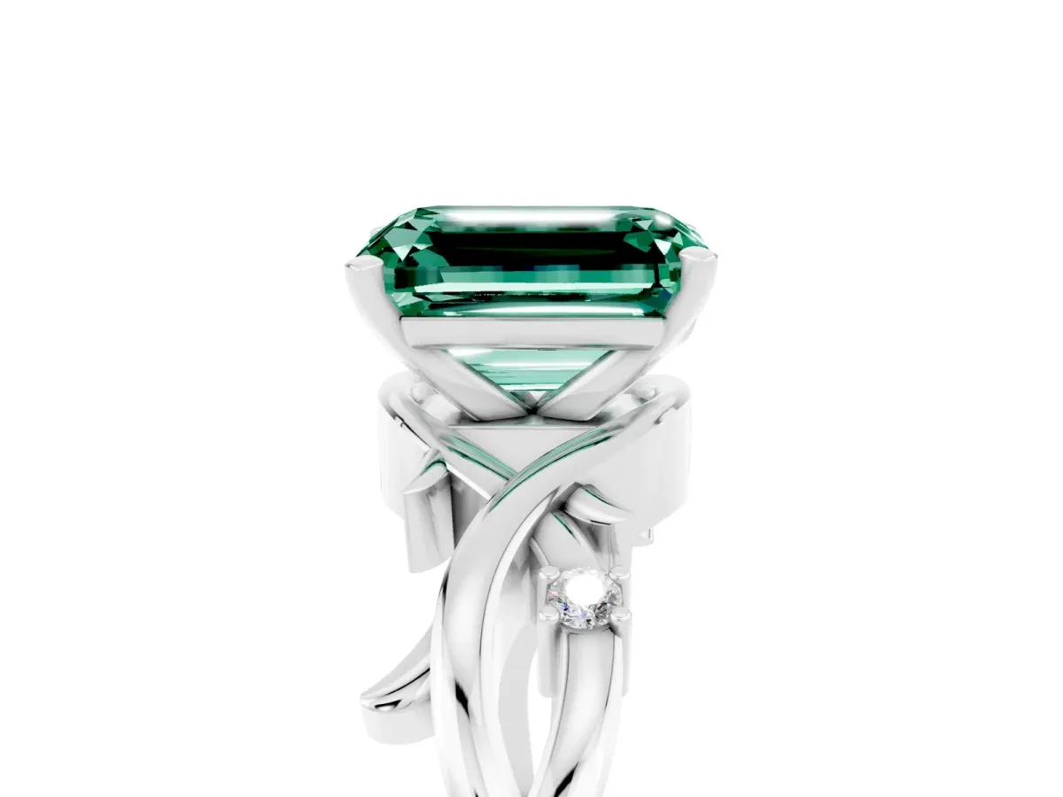 Emerald Cut Green Sapphire Solitaire Ring with Twisted Band and Prong Setting Silver