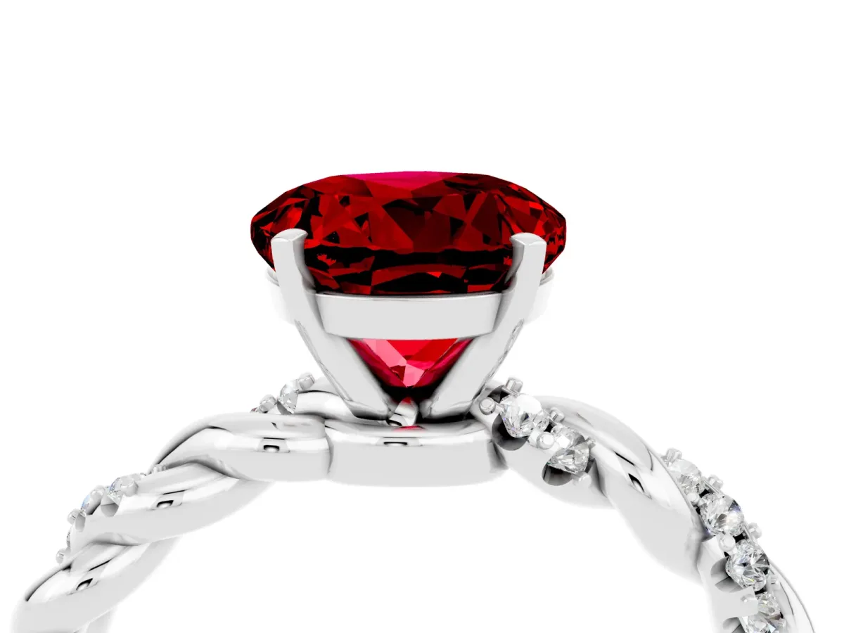 Round Cut Ruby Solitaire Ring with Twisted Band and Pavé Accents Silver