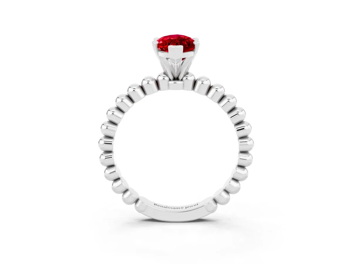 Marquise Cut Ruby Solitaire Ring with Beaded Band and Prong Setting Silver