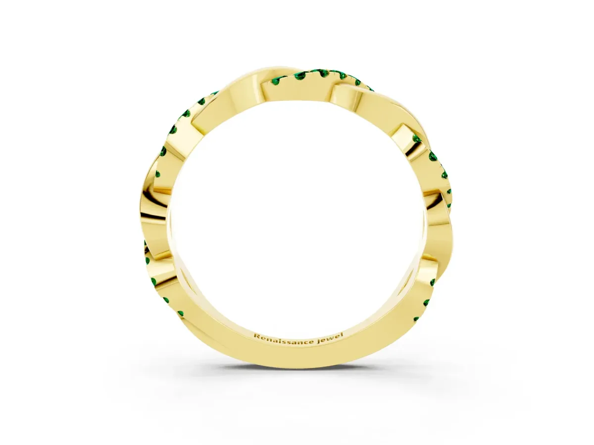 Pavé Round Emerald Twist Eternity Band with Shared Prong Setting Yellow gold