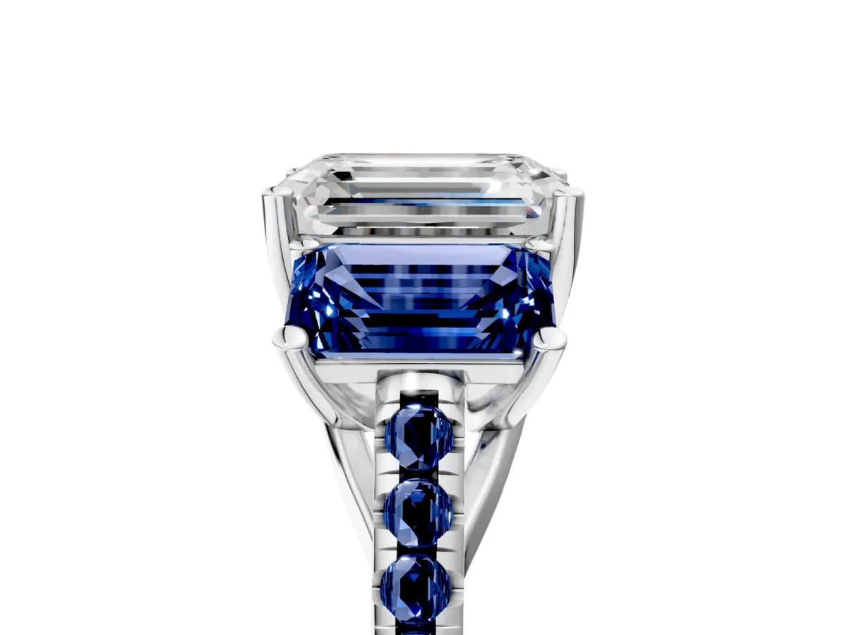 Three-Stone Emerald Cut Diamond Ring with Round Blue Sapphire Pavé Band and Prong Setting Silver