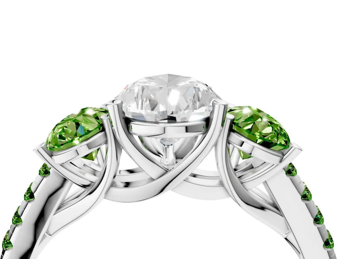 Three-Stone Pear Cut Diamond Ring with Round Peridot Pavé Band and Prong Setting Silver