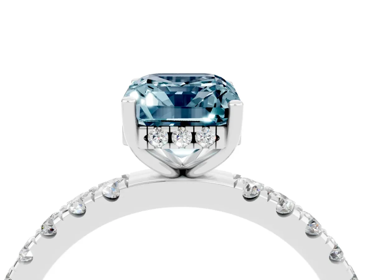 Emerald Cut Aquamarine Pave Band Solitaire Ring with Round and Prong Setting Silver