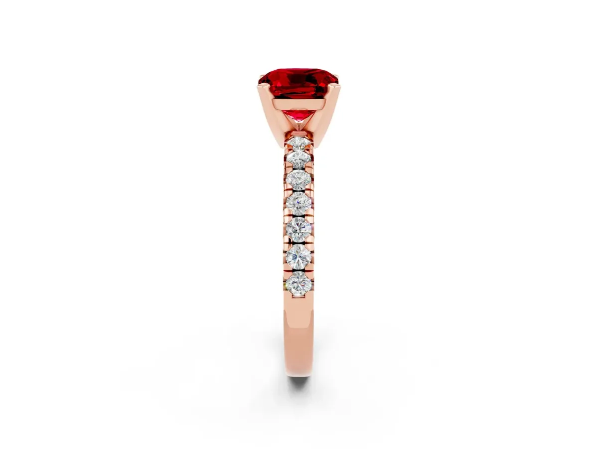 Cushion Cut Ruby Solitaire Pavé Engagement Ring with Round Band and Prong Setting Rose gold
