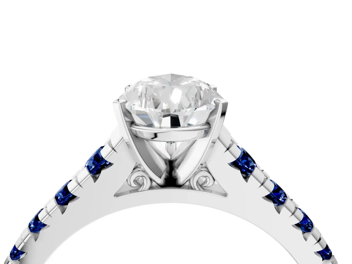 Pear Cut Diamond Cathedral Solitaire Ring with Round Blue Sapphire Pavé Band Silver