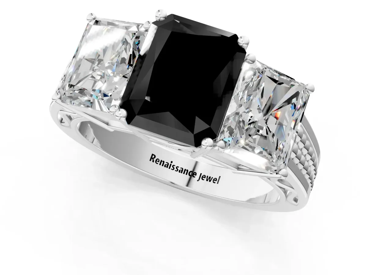 Fancy Black Radiant Cut Diamond Three-Stone Ring with Prong Setting and Textured Band Platinum