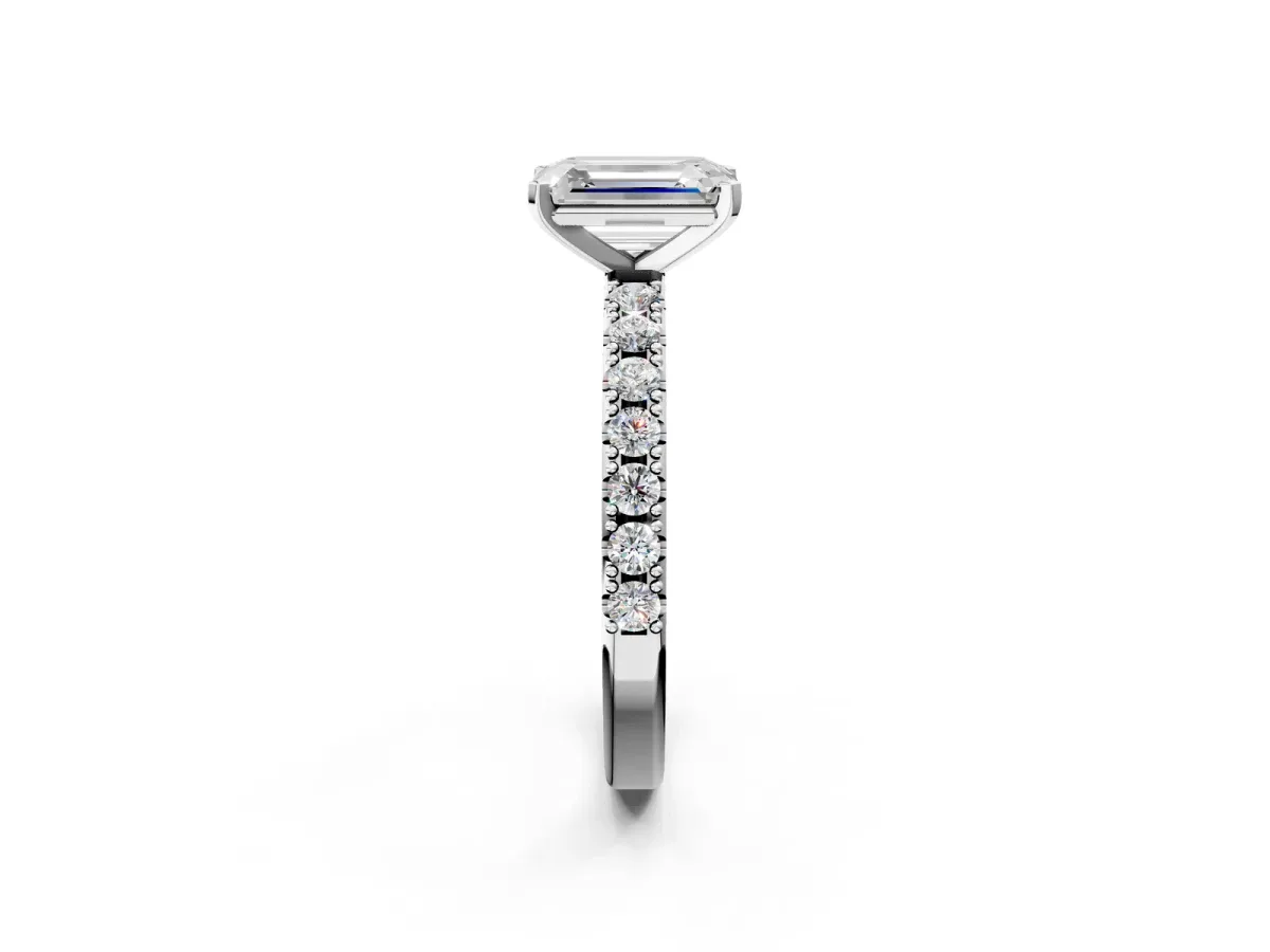 Emerald Cut Diamond Solitaire Pavé Band with Four-Prong Setting Silver