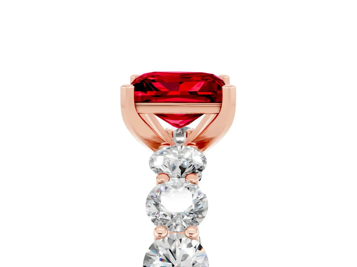 Princess Cut Ruby Prong Setting with Side Stones on a Pave Band Rose gold